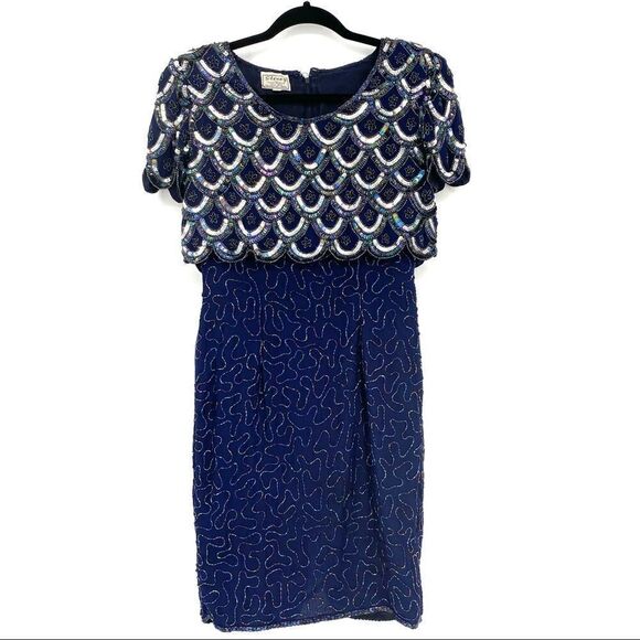 STENAY silk heavily beaded dress sequins cocktail cruise wedding  size 2 vintage - Picture 2 of 12